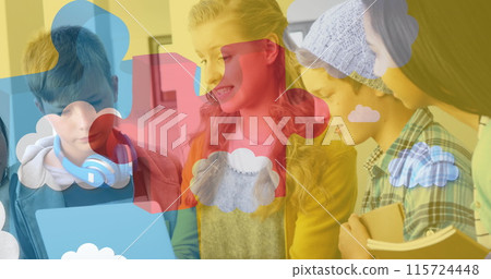 Image of puzzle pieces and clouds over diverse schoolchildren using tablet Image of puzzle pieces and clouds over diverse schoolchildren using tablet 115724448