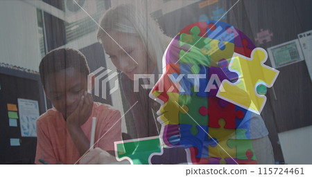 Image of puzzle pieces over diverse schoolchildren and teacher Image of puzzle pieces over diverse schoolchildren and teacher 115724461