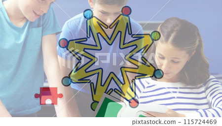 Image of puzzle pieces and icons over diverse schoolchildren using tablet Image of puzzle pieces and icons over diverse schoolchildren using tablet 115724469