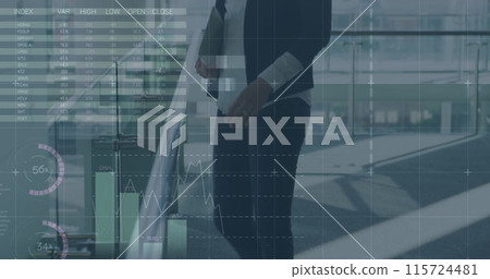 Image of financial data and graphs over caucasian businesswoman using tablet Image of financial data and graphs over caucasian businesswoman using tablet 115724481