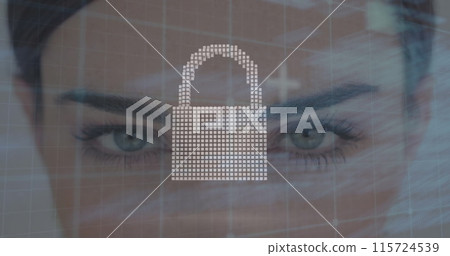 Image of data processing over caucasian woman and padlock Image of data processing over caucasian woman and padlock 115724539