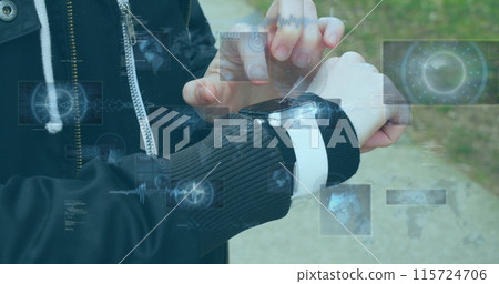 Image of data processing over caucasian sportsman checking smartwatch Image of data processing over caucasian sportsman checking smartwatch 115724706