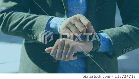 Image of data processing over biracial businessman using smartwatch Image of data processing over biracial businessman using smartwatch 115724712