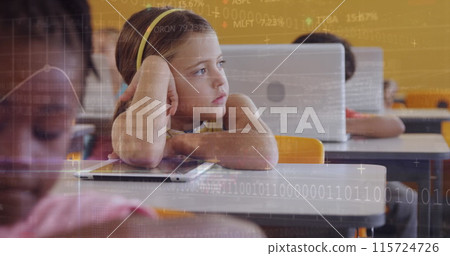 Image of data processing over diverse schoolchildren using tablets in classroom 115724726