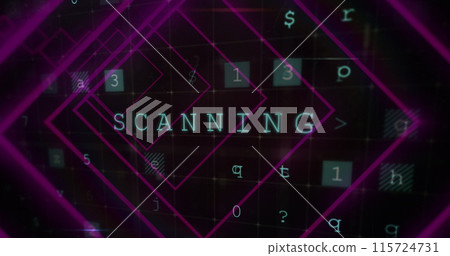 Image of tunnel with neon shapes over data processing on black background Image of tunnel with neon shapes over data processing on black background 115724731