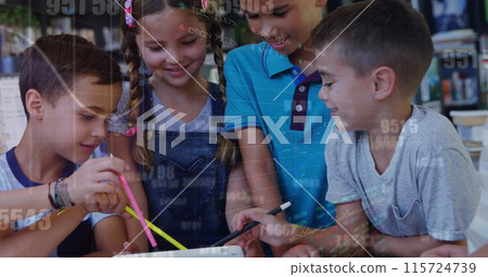 Image of data processing over diverse schoolchildren using tablets in classroom Image of data processing over diverse schoolchildren using tablets in classroom 115724739