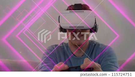 Image of tunnel with neon shapes over caucasian man using vr headset Image of tunnel with neon shapes over caucasian man using vr headset 115724751