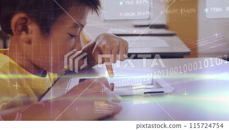Image of data processing over asian schoolboy using tablet 115724754