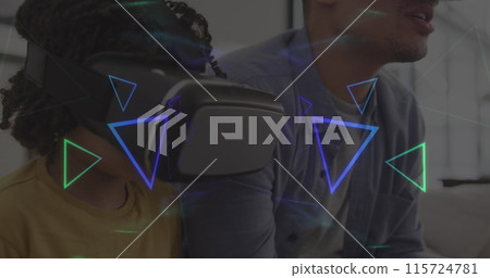 Image of neon shapes over african american man with his son using vr headset 115724781