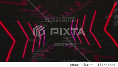 Image of tunnel with neon shapes over data processing on black background Image of tunnel with neon shapes over data processing on black background 115724785