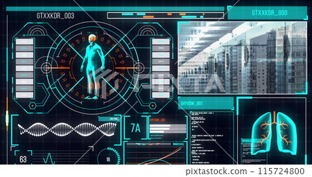 Image of medical data processing over cityscape and computer servers Image of medical data processing over cityscape and computer servers 115724800