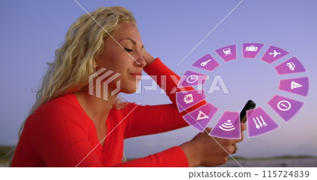 Image of travel icons and caucasian woman using smartphone Image of travel icons and caucasian woman using smartphone 115724839