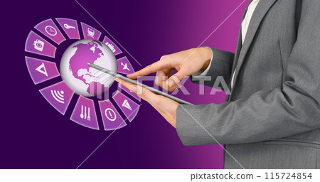 Image of travel icons with globe and caucasian woman using tablet on purple background Image of travel icons with globe and caucasian woman using tablet on purple background 115724854
