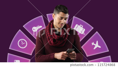 Image of travel icons and caucasian man using smartphone on purple background 115724868