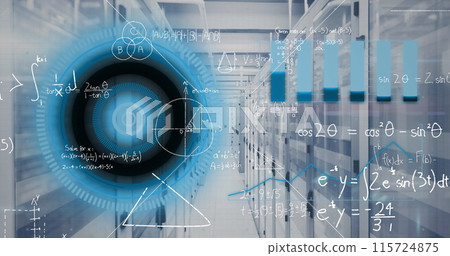Image of round scanner, statistical data processing and mathematical equations over server room Image of round scanner, statistical data processing and mathematical equations over server room 115724875