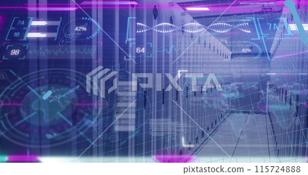 Image of interface with data processing and mathematical equations against server room 115724888