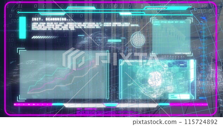 Image of interface with data processing and mathematical equations against server room 115724892