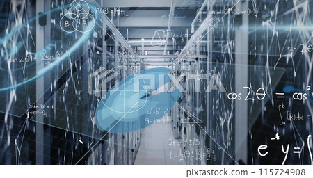 Image of mathematical equations over round scanner and data processing against server room Image of mathematical equations over round scanner and data processing against server room 115724908