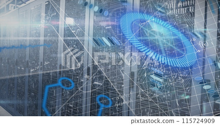 Image of mathematical equations over round scanner and data processing against server room 115724909
