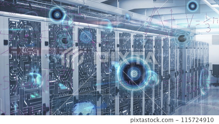Image of mathematical equations over round scanners and data processing against server room 115724910