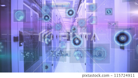 Image of mathematical equations over round scanners and data processing against server room 115724911