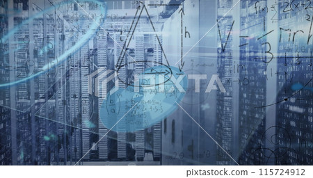 Image of mathematical equations over round scanner and data processing against server room Image of mathematical equations over round scanner and data processing against server room 115724912