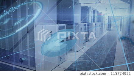 Image of interface with data processing and mathematical equations against computer server room Image of interface with data processing and mathematical equations against computer server room 115724931