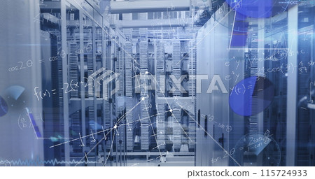 Image of mathematical equations and data processing against computer server room 115724933