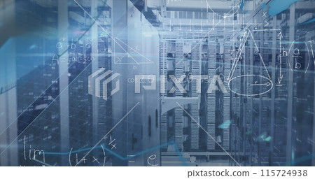 Image of mathematical equations and diagrams with lens flare over server room 115724938