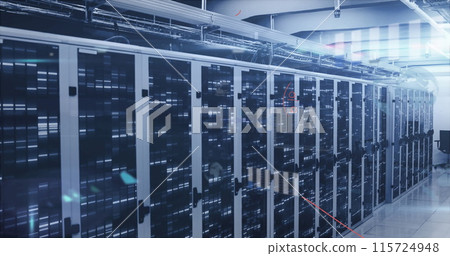 Image of mathematical equations and data processing against empty computer server room Image of mathematical equations and data processing against empty computer server room 115724948