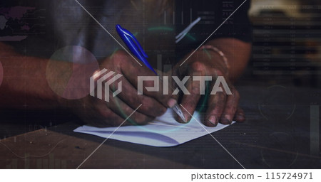 Image of data processing over african american man using taking notes Image of data processing over african american man using taking notes 115724971