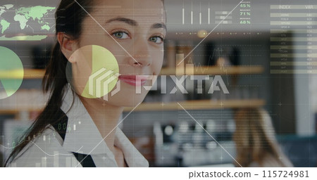 Image of data processing over caucasian woman using tablet Image of data processing over caucasian woman using tablet 115724981