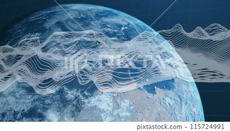 Image of white lines over globe on black background Image of white lines over globe on black background 115724991