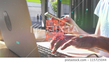 Image of qr code and shapes over caucasian woman using laptop and smartphone 115725044