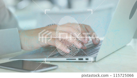 Image of fingerprint and network of connections over hands using laptop 115725066