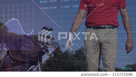 Image of data processing over caucasian male golf player Image of data processing over caucasian male golf player 115725096