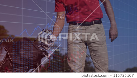 Image of statistical market data processing over caucasian man picking a golf stick from his bag Image of statistical market data processing over caucasian man picking a golf stick from his bag 115725107