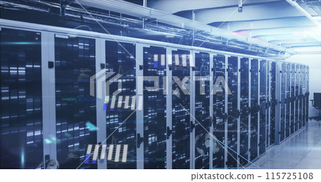 Image of mathematical equations and data processing against empty computer server room 115725108