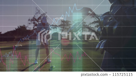Image of statistical market data processing against man playing golf at the golf course 115725115