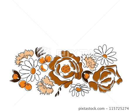Continuous one line of wildflowers bouquet. Elegant composition with peony and daisy flowers and cornflower. Outline floral garland. Continuous one line of wildflowers bouquet. Elegant composition with peony and daisy flowers and cornflower. Outline floral garland. 115725274
