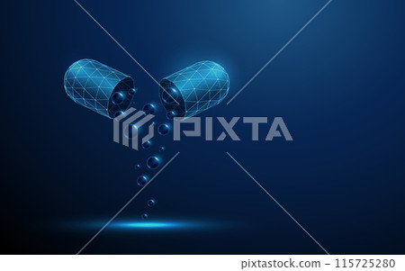 Abstract opened blue medical drug capsule with falling particles. Healthcare medical pharmacy concept. Low poly style design. Abstract opened blue medical drug capsule with falling particles. Healthcare medical pharmacy concept. Low poly style design. 115725280