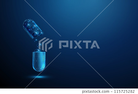 Abstract opened blue medical drug capsule with bubbles shifting from one part to another. Healthcare medical pharmacy concept. Low poly Geometric background. Wireframe light structure. Vector 115725282