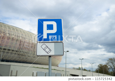 Parking sign with word p and car picture. A blue parking sign Parking sign with word p and car picture. A blue parking sign 115725342