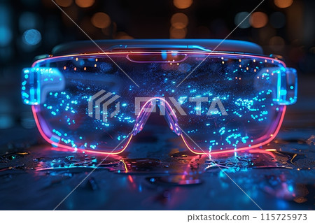 Pair of blue and red glasses with virtual reality lenses 115725973