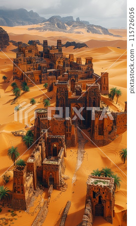 old Arab fortified city. in the background, a sandy desert with dunes rises above it 115726056