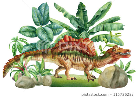 Dinosaurs in jungle forest, watercolor drawing of a stegosaurus dinosaur. Hand painted animal with prehistoric landscape 115726282