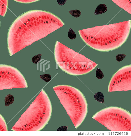 Watermelon juicy slices with black seeds. Watercolor seamless pattern on green background, high quality hand drawn for food design. Packages, textile, wrapping paper, ice cream label, logo, kitchen 115726426