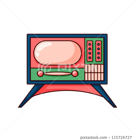 Retro TV icon in cartoon style. Vintage electronic colorful device. Vector illustration isolated on a white background. 115726727