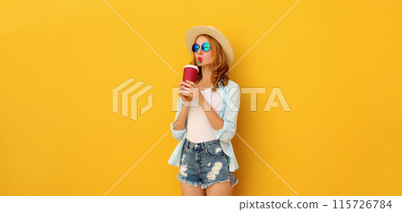 Summer vacation, beautiful modern young woman with cup of coffee, stylish girl drinking fresh juice Summer vacation, beautiful modern young woman with cup of coffee, stylish girl drinking fresh juice 115726784