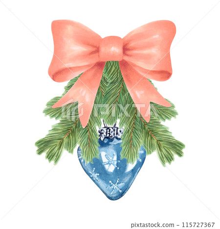 Fir branches are decorated with a pink bow and a blue shiny Christmas tree toy. Watercolor illustration on the theme of New Year and Christmas. Hand drawn isolated clipart. Ribbon with ball, pine. 115727367